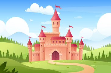 Fairytale castle. Vector illustration of medieval castle towers with field, forest, mountains, magic fortress, pink flags, gates. Cartoon royal palace. Landscape with fairy tale kingdom for princess