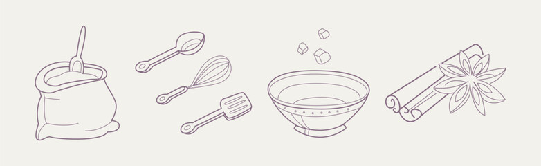 Baking and Bakery Equipment and Tool Flat Line Vector Set