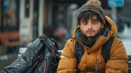 Fototapeta premium Emotional Moment: Indian Student with Luggage, Expressing Upset on Bench generative ai