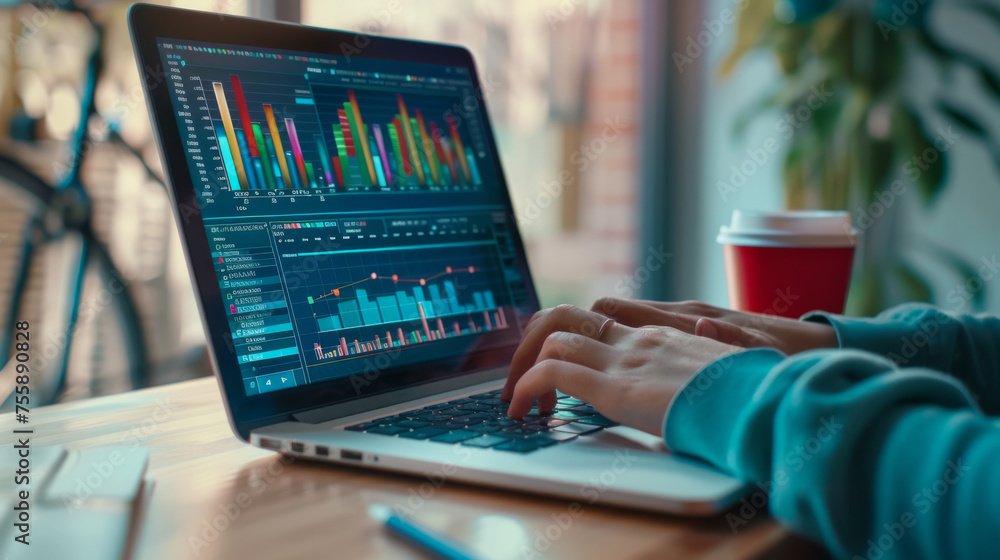 Poster close-up of a person's hand using a laptop with financial charts and graphs displayed on the screen
