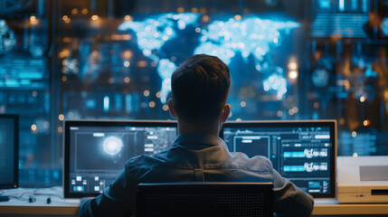 A person working on supercomputer and looking at world map on virtual screen