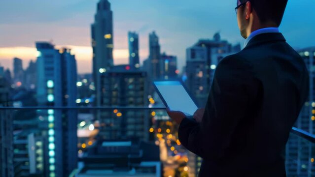 Entrepreneur with tablet analyzing stock market data with city skyline in the background. Urban financial planning and economy concept.