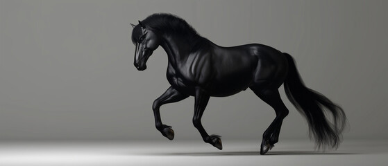 Cavalo preto isolado no fundo cinza 