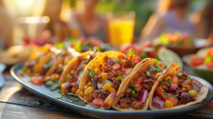 Colorful tacos on rustic table with blurry people enjoying mexican food in outdoor setting - obrazy, fototapety, plakaty