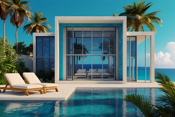 Beautiful paradise villa on the device screen on a blue background, design.