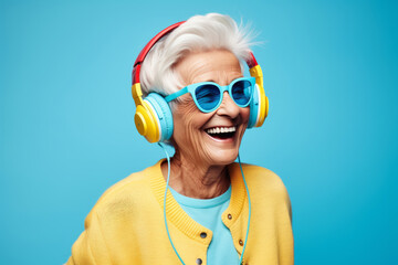 Happy elderly lady in sunglasses laughs while listening to music on blue background