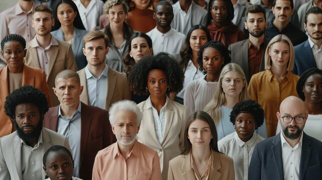 A group of people are standing together in a crowd. The people are of different races and genders. Concept of unity and diversity among the people
