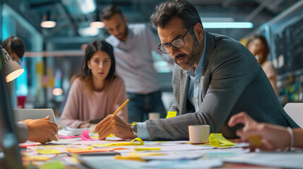 Man intently writing on a sticky note at a busy collaborative workspace, with a younger colleagues in the background