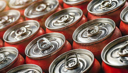 Close-up shot of red aluminum cans. Beer or soda drink package. Liquid in metallic container.