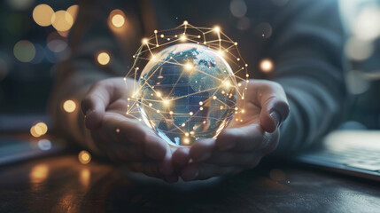 Pair of hands holding a transparent globe with digital connections and nodes superimposed over it, representing a network, global communication