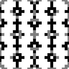 Seamless pattern. Tribe motif. Figures ornament. Ethnic embroidery background. Tribal wallpaper. Crosses, squares, rectangles image. Ancient backdrop. Digital paper, web design, textile print. Vector