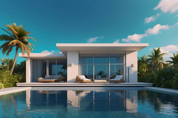 Beautiful paradise villa on the device screen on a blue background, design.