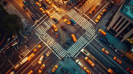 Overhead shot of a bustling city crosswalk with yellow taxis and pedestrians, capturing the vibrant...