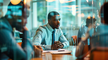 Focused man in a business setting, sitting at a table during a meeting with colleagues, suggesting...