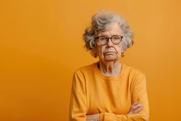 A woman in a yellow sweater is looking at the camera. She has a stern expression on her face and is crossing her arms. Portrait of an unhappy senior retired woman