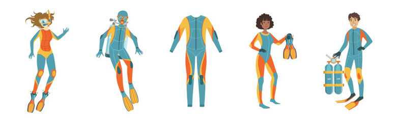 Man and Woman with Diving Equipment and Underwater Swimming Appliance Vector Set