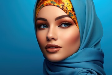 Portrait of a young Muslim woman in a blue hijab