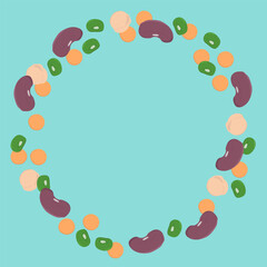 Fototapeta premium Round frame made of several beans (lentil, mung bean, chickpea, bean), isolated on blue background. Vector illustration. Healthy food. 