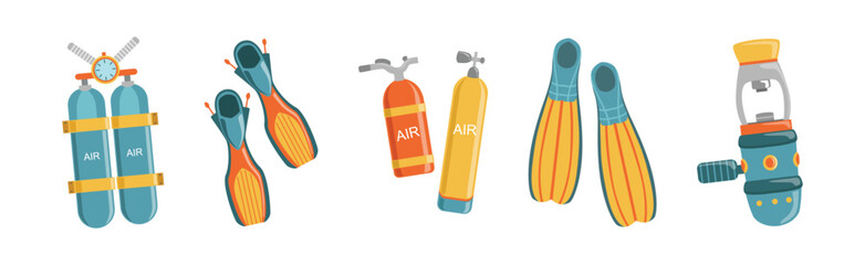 Diving Equipment and Underwater Swimming Appliance Vector Set