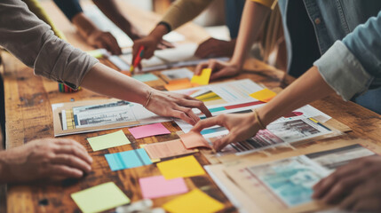 Obraz premium ?lose-up view of several hands collaboratively working on a project with colorful sticky notes, papers, and digital devices on a wooden table.