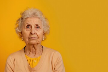 A woman with a yellow shirt and gray hair is looking at the camera. She has a serious expression on her face. Portrait of an unhappy senior retired woman - obrazy, fototapety, plakaty