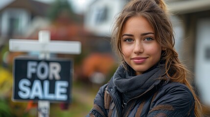 Fototapeta premium Woman with layered brown hair and a happy smile stands by a for sale sign