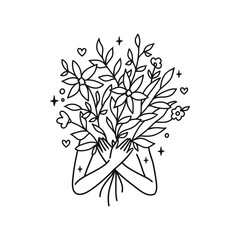 Woman holding a bouquet of flowers and leaves. Vector illustration, doodle style greeting card Mother Day, Valentine Day