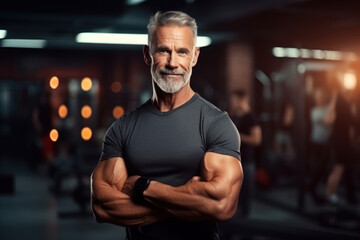 Portrait of a fit older man with his arms crossed over his chest, standing in the gym