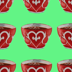 bowl,kese ,cup,tea utensils with Tatar ,Turkish ,Uzbek ,Kazakh national traditional ornament pattern in oriental style ,Muslim tea,cup,red blue green