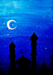 drawing of a mosque silhouette in the night ,a starry blue sky with a young moon ,a picture with minarets Muslims namaz Friday Ramadan fast Eid al-Adha