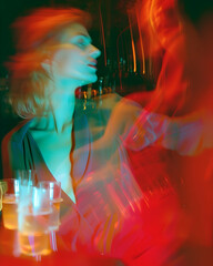 80s Fashion Magazine Shot and Jazz Bar Hologram, Vibrant 1980s fashion magazine photo juxtaposed with a dynamic jazz bar hologram against a clean white backdrop, featuring motion blur for a retro vibe