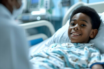 Illustration of a smiling boy conversing with a doctor in a hospital setting, receiving treatment with care and compassion. - obrazy, fototapety, plakaty
