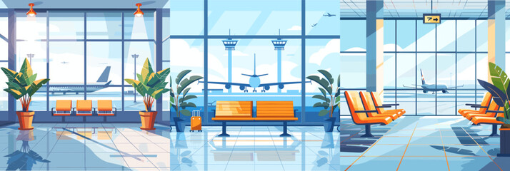 Airport empty interior cartoon vector scenes. Waiting departure arrival terminal interior, plane airline control tower window view, room plants air travel illustration isolated on white background - obrazy, fototapety, plakaty