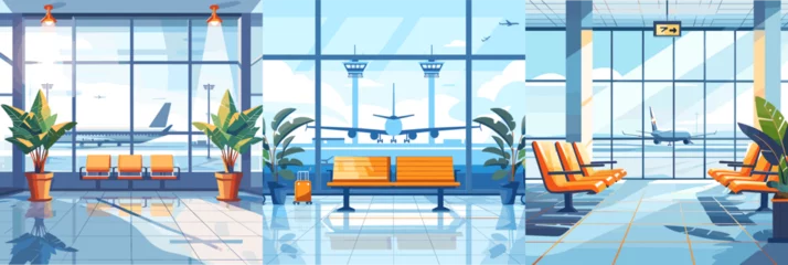 Papier Peint photo autocollant Collage de graffitis Airport empty interior cartoon vector scenes. Waiting departure arrival terminal interior, plane airline control tower window view, room plants air travel illustration isolated on white background