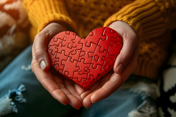 Heart-Shaped Puzzle Held in Gentle Hands - obrazy, fototapety, plakaty