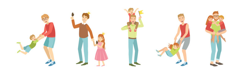 Man Father and Kid Spend Good Time Together Vector Set