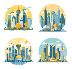 Astana city landscapes minimalist cartoon vector set. Skyscrapers kazakhstan capital buildings architecture modern metropolis cityscape horizon panoramic views illustrations isolated on white backgrou