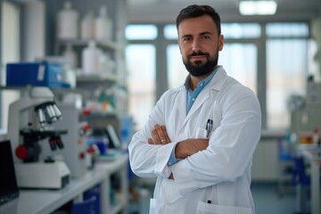 A man in a white lab coat stands in front of a lab bench with a serious expressi