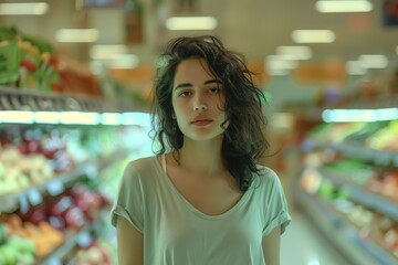 A woman stands in a grocery store aisle, looking at the produce