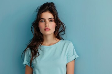 Fototapeta premium A woman with long brown hair is wearing a blue shirt