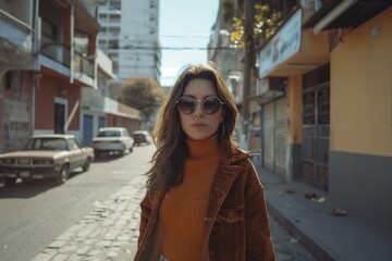 Obraz premium A woman in a brown jacket and sunglasses stands on a city street
