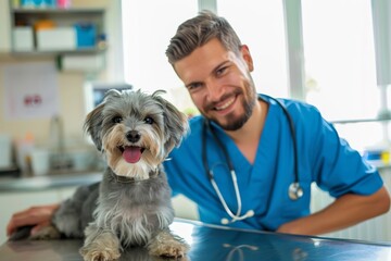 Smiling Vet Petting Dog at Clinic