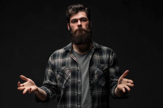 A man with a beard and plaid shirt is standing in front of a black background
