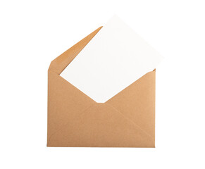 Postcard, card mock up, clean white paper from open kraft envelope isolated on white background,...