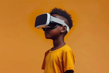 Boy Wearing VR Glasses, A young boy wearing virtual reality (VR) glasses, exploring immersive digital experiences.