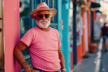  A man in a pink shirt and hat stands in front of a building © Juan Hernandez