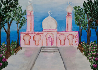 drawing pink mosque with benches and pink roses,flowers in the courtyard in the garden with trees in spring or summer ,perspective ,picture with menarets