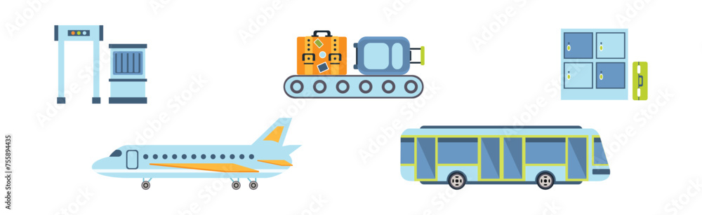 Sticker airport flat icon and object colorful vector set