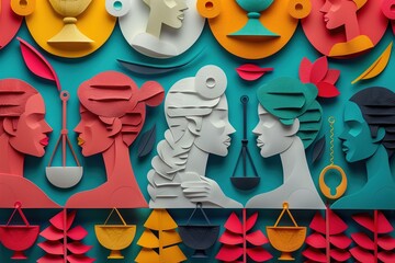 A colorful collage of women's faces with a scale and a gavel in the middle