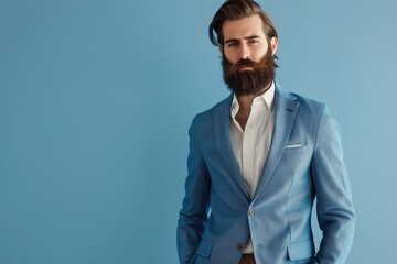 Fototapeta premium A man with a beard and a blue jacket is standing in front of a blue wall